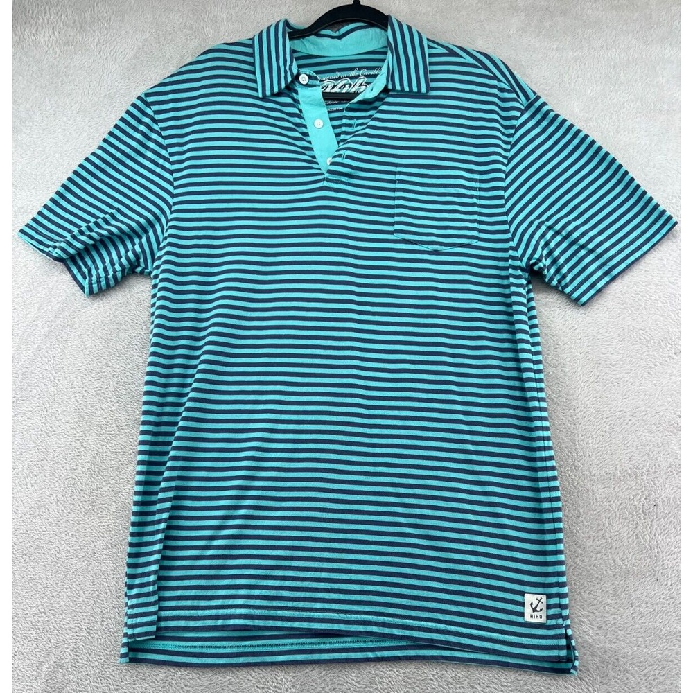 Hiho Shirt Men's Medium Polo Teal Blue Striped Cotton Short Sleeve Pocket